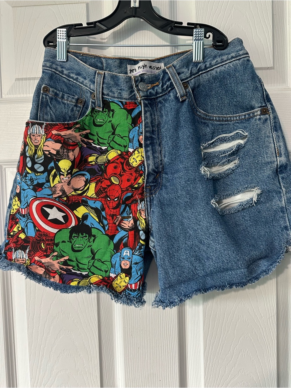 Upcycled Levi’s Jean Shorts with Marvel Comic Panel Accent